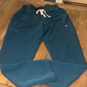 Figs Teal Drawstring Scrub Pants with Pink Tie